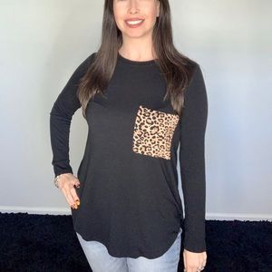 New black long sleeve top w/ leopard print pocket